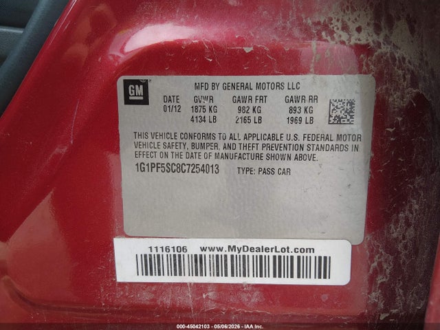 2012 Chevrolet Cruze 1lt მანქანა იყიდება აუქციონზე, vin: 1G1PF5SC8C7254013, აუქციონის ნომერი: 45042103