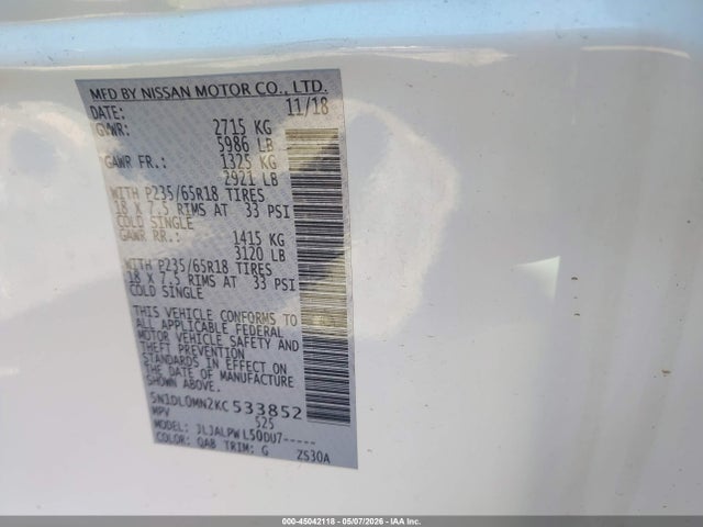 Aukcja sprzedaży 2019 Infiniti Qx60 Pure, vin: 5N1DL0MN2KC533852, numer aukcji: 45042118