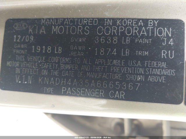 45042123 :رقم المزاد ، KNADH4A35A6665367 vin ، 2010 Kia Rio Lx مزاد بيع