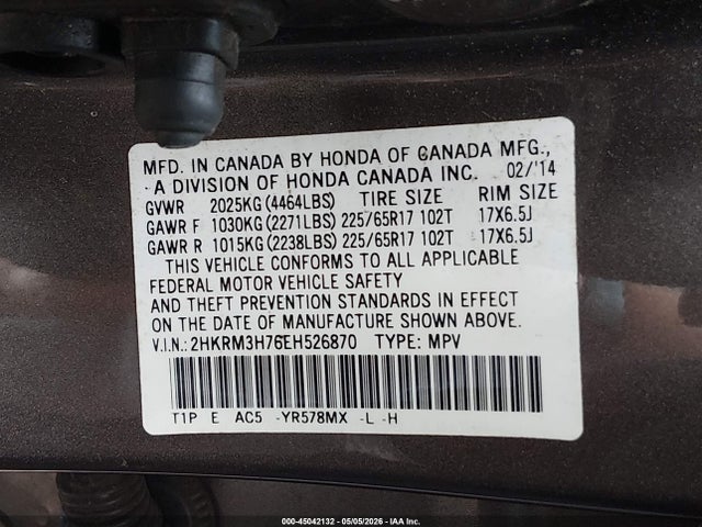 2HKRM3H76EH526870 Honda Cr-v Ex-l