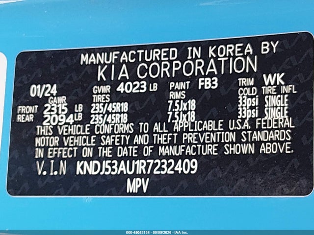 Продажа на аукционе авто 2024 Kia Soul Gt-line, vin: KNDJ53AU1R7232409, номер лота: 45042138