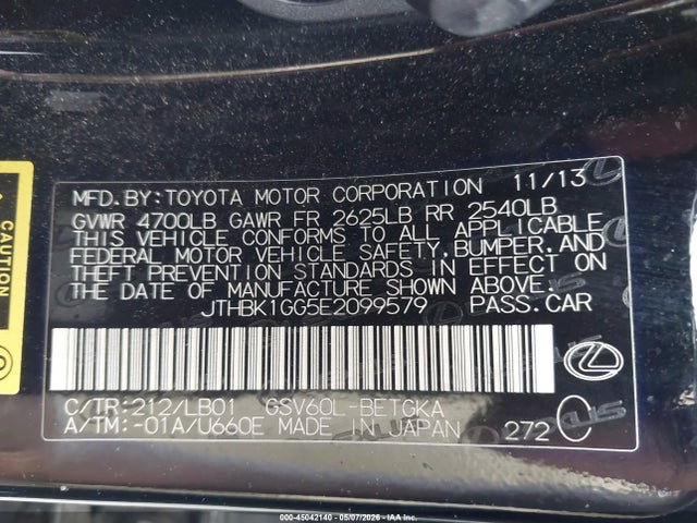 2014 Lexus Es 350 მანქანა იყიდება აუქციონზე, vin: JTHBK1GG5E2099579, აუქციონის ნომერი: 45042140