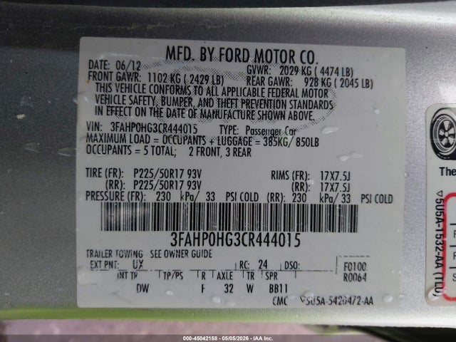 Продаж на аукціоні авто 2012 Ford Fusion Se, vin: 3FAHP0HG3CR444015, номер лоту: 45042158