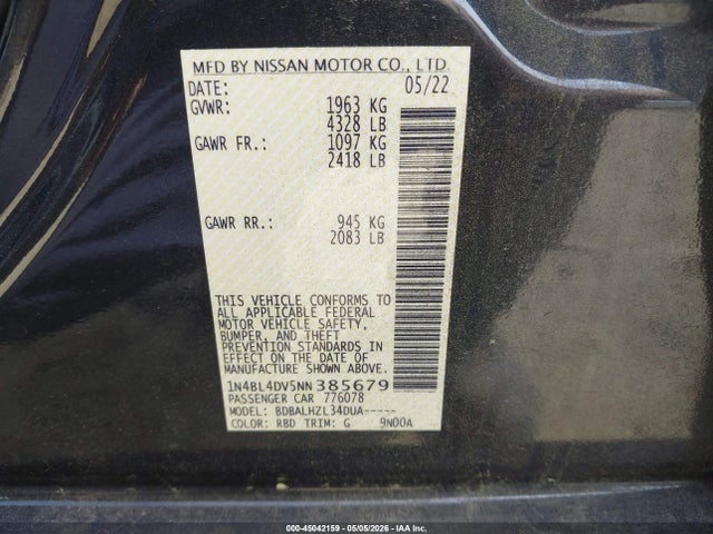 Продажа на аукционе авто 2022 Nissan Altima Sv Fwd, vin: 1N4BL4DV5NN385679, номер лота: 45042159