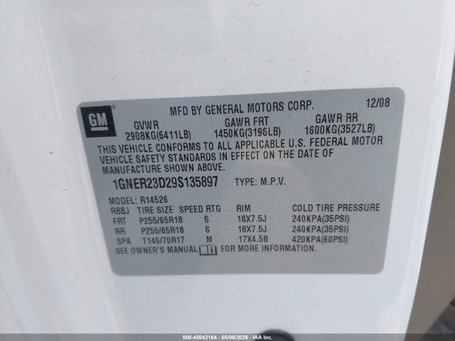 45042164 :رقم المزاد ، 1GNER23D29S135897 vin ، 2009 Chevrolet Traverse Lt مزاد بيع