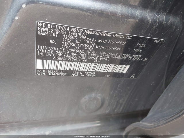 2016 Toyota Rav4 Xle მანქანა იყიდება აუქციონზე, vin: 2T3RFREV4GW506760, აუქციონის ნომერი: 45042176