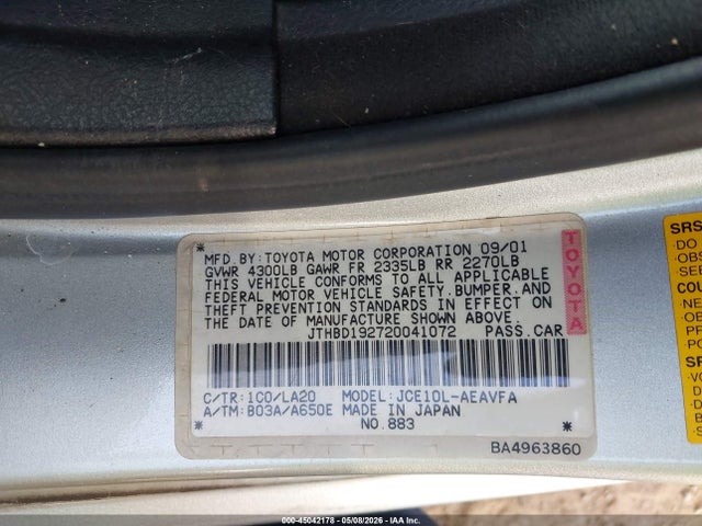 Aukcja sprzedaży 2002 Lexus Is 300, vin: JTHBD192720041072, numer aukcji: 45042178