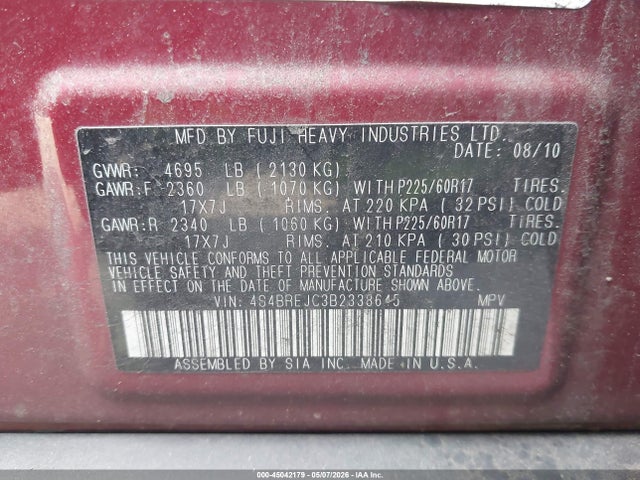 Aukcja sprzedaży 2011 Subaru Outback 3.6r Limited, vin: 4S4BREJC3B2338645, numer aukcji: 45042179