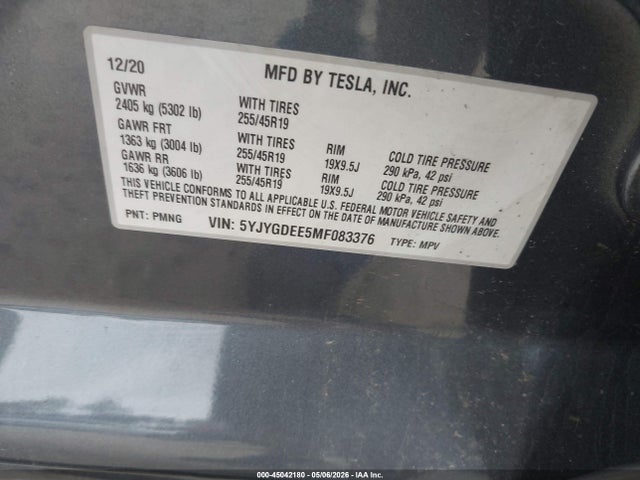 Aukcja sprzedaży 2021 Tesla Model Y Long Range Dual Motor All-wheel Drive, vin: 5YJYGDEE5MF083376, numer aukcji: 45042180