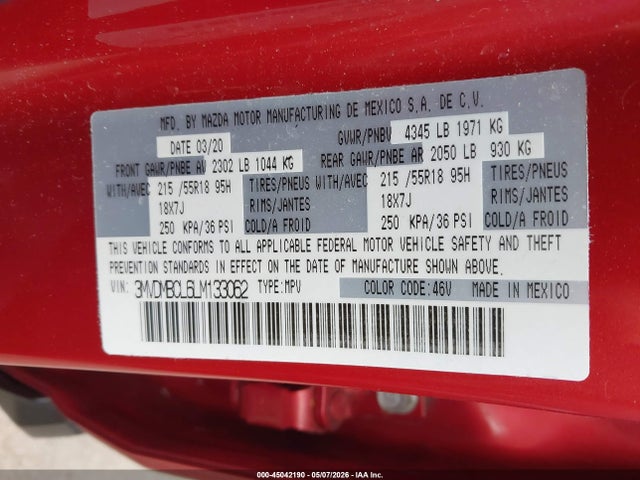 45042190 :رقم المزاد ، 3MVDMBCL6LM133062 vin ، 2020 Mazda Cx-30 Select Package مزاد بيع