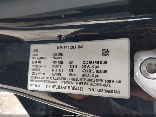Tesla Model 3 Standard Range Plus Rear-wheel Drive 2021 5YJ3E1EA1MF854413 Image 9