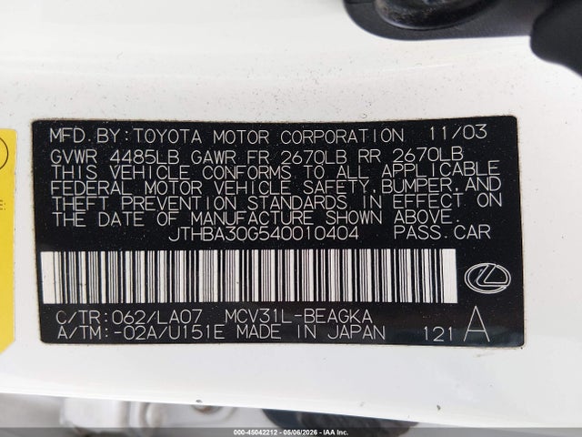 Aukcja sprzedaży 2004 Lexus Es 330, vin: JTHBA30G540010404, numer aukcji: 45042212
