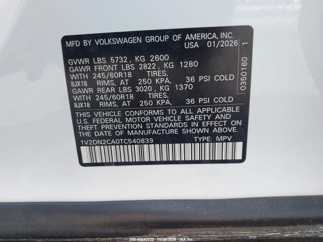 2026 Volkswagen Atlas Se მანქანა იყიდება აუქციონზე, vin: 1V2DN2CA0TC540839, აუქციონის ნომერი: 45042222