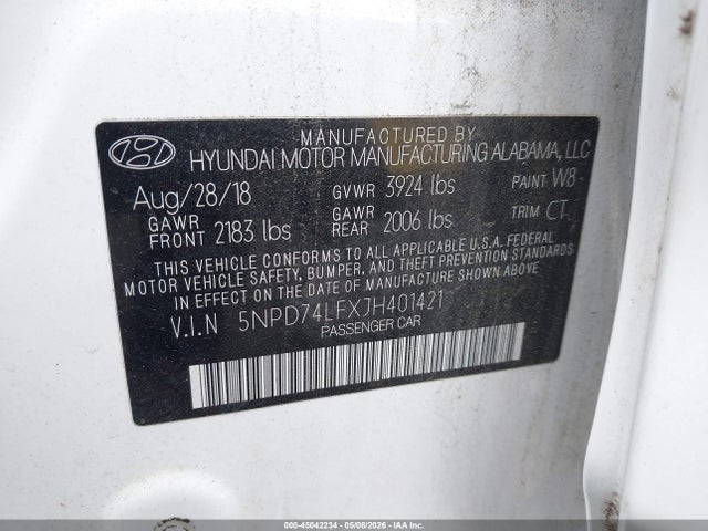 Aukcja sprzedaży 2018 Hyundai Elantra Se, vin: 5NPD74LFXJH401421, numer aukcji: 45042234