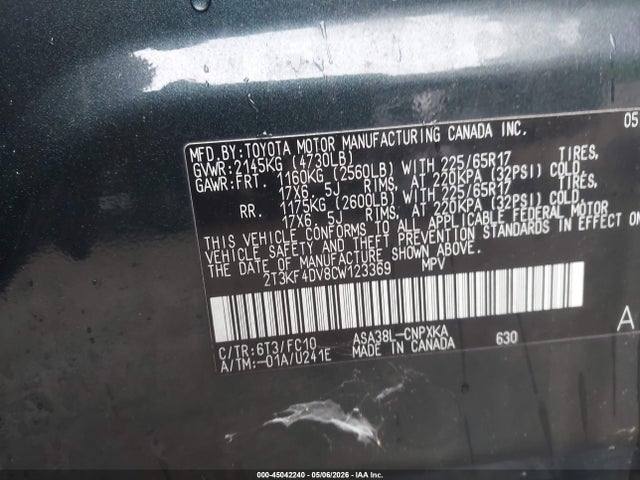 45042240 :رقم المزاد ، 2T3KF4DV8CW123369 vin ، 2012 Toyota Rav4 مزاد بيع