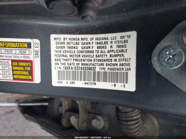 2010 Honda Civic Lx მანქანა იყიდება აუქციონზე, vin: 19XFA1E57AE039632, აუქციონის ნომერი: 45042247