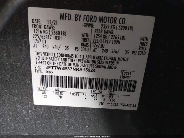 2022 Ford Maverick Xlt მანქანა იყიდება აუქციონზე, vin: 3FTTW8E37NRA15924, აუქციონის ნომერი: 45042254