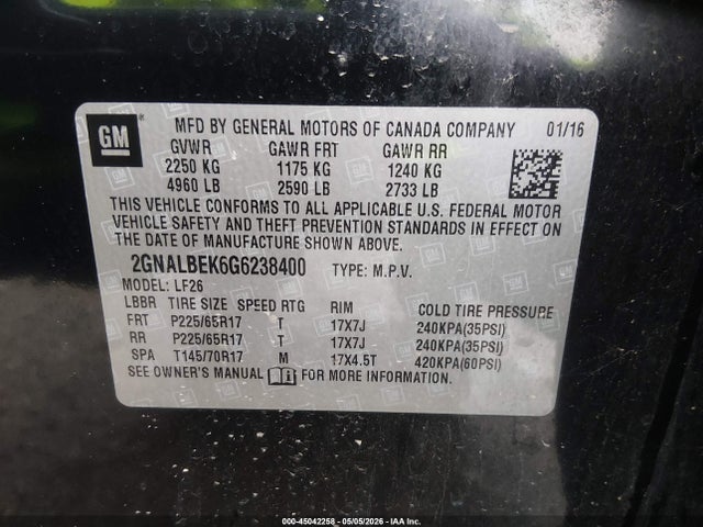 Aukcja sprzedaży 2016 Chevrolet Equinox Ls, vin: 2GNALBEK6G6238400, numer aukcji: 45042258