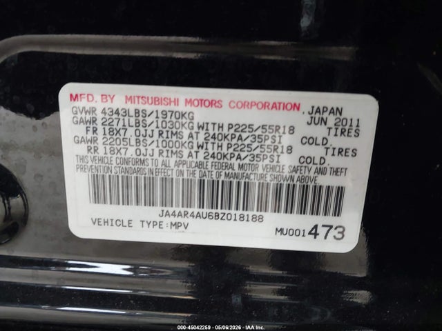 45042259 :رقم المزاد ، JA4AR4AU6BZ018188 vin ، 2011 Mitsubishi Outlander Sport Se مزاد بيع