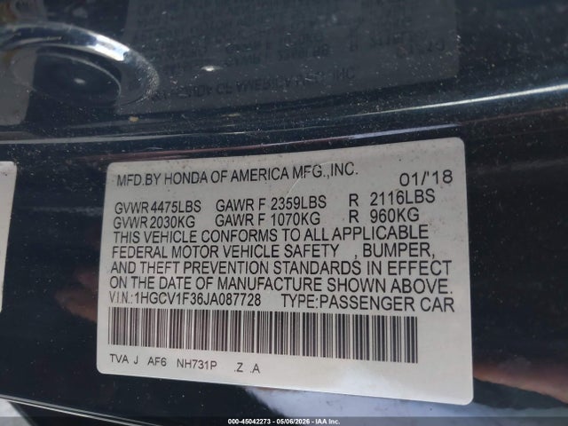 Продажа на аукционе авто 2018 Honda Accord Sport, vin: 1HGCV1F36JA087728, номер лота: 45042273