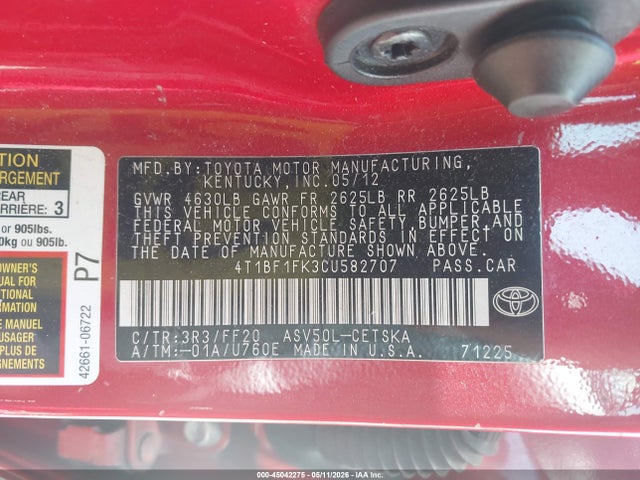 Продаж на аукціоні авто 2012 Toyota Camry Se, vin: 4T1BF1FK3CU582707, номер лоту: 45042275