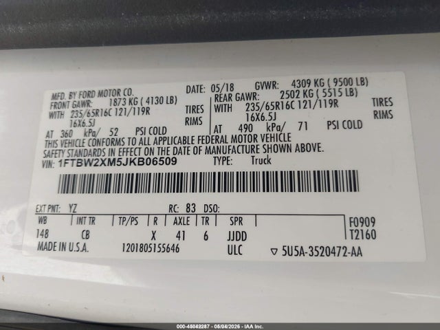 2018 Ford Transit-350 მანქანა იყიდება აუქციონზე, vin: 1FTBW2XM5JKB06509, აუქციონის ნომერი: 45042287