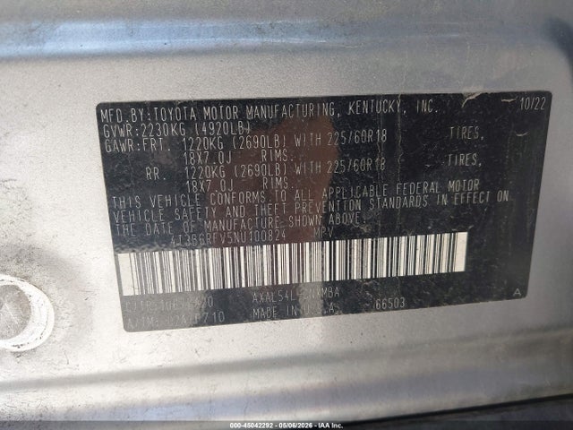 4T3B6RFV5NU100824 Toyota Rav4 Hybrid Xle Premium
