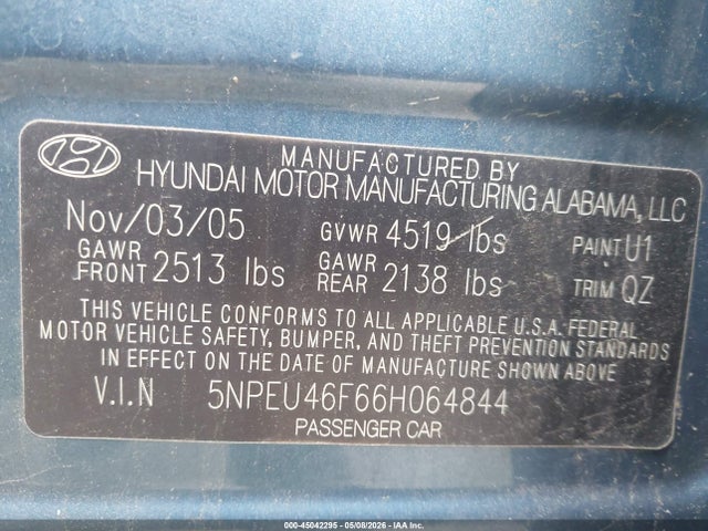 2006 Hyundai Sonata Gls V6/lx V6 მანქანა იყიდება აუქციონზე, vin: 5NPEU46F66H064844, აუქციონის ნომერი: 45042295