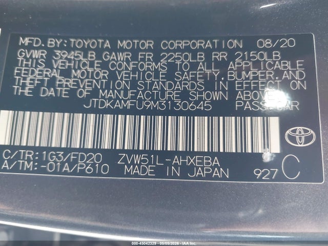 JTDKAMFU9M3130645 Toyota Prius Le