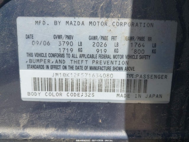 2007 Mazda Mazda3 I მანქანა იყიდება აუქციონზე, vin: JM1BK12F571634080, აუქციონის ნომერი: 45042332