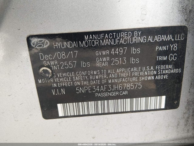 Aukcja sprzedaży 2018 Hyundai Sonata Sel, vin: 5NPE34AF3JH678575, numer aukcji: 45042335