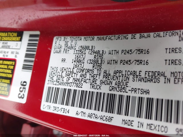 45042337 :رقم المزاد ، 3TMCZ5ANXMM377822 vin ، 2021 Toyota Tacoma Sr V6 مزاد بيع
