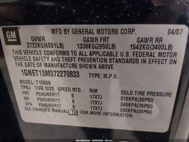 Продажа на аукционе авто 2007 Chevrolet Trailblazer Lt, vin: 1GNET13M372270833, номер лота: 45042342