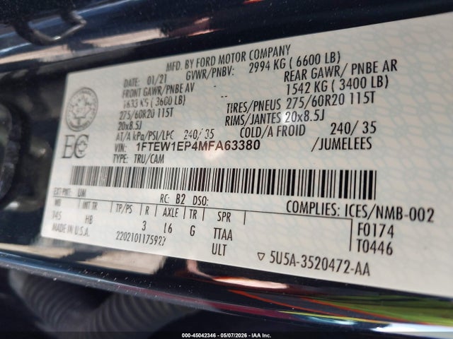 2021 Ford F-150 Lariat მანქანა იყიდება აუქციონზე, vin: 1FTEW1EP4MFA63380, აუქციონის ნომერი: 45042346