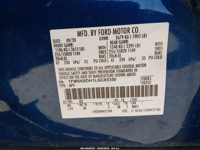 2020 Ford Explorer Xlt მანქანა იყიდება აუქციონზე, vin: 1FMSK8DH1LGC85350, აუქციონის ნომერი: 45042347
