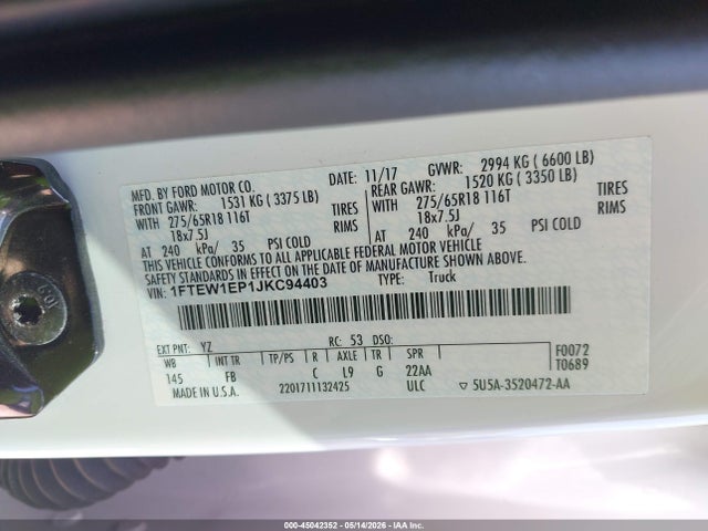 Продаж на аукціоні авто 2018 Ford F-150 Xlt, vin: 1FTEW1EP1JKC94403, номер лоту: 45042352