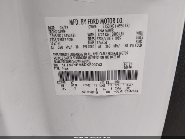 Продаж на аукціоні авто 2013 Ford F-150 Xl, vin: 1FTMF1EM8DKF00743, номер лоту: 45042355