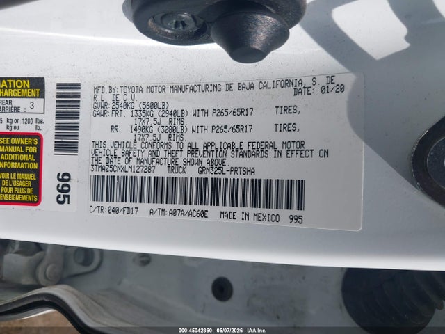 2020 Toyota Tacoma Trd Sport მანქანა იყიდება აუქციონზე, vin: 3TMAZ5CNXLM127287, აუქციონის ნომერი: 45042360
