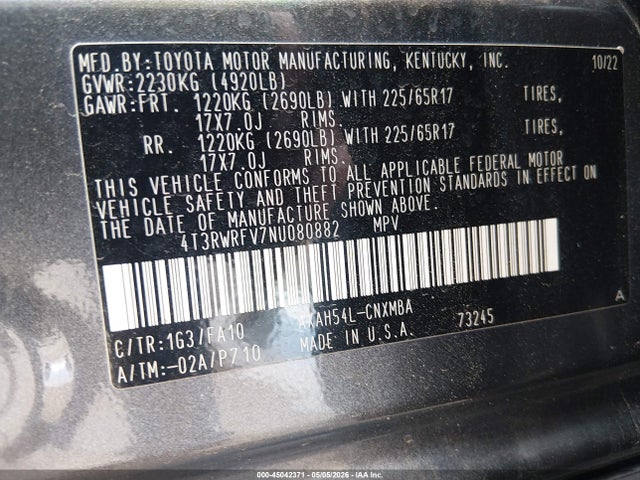 45042371 :رقم المزاد ، 4T3RWRFV7NU080882 vin ، 2022 Toyota Rav4 Hybrid Xle مزاد بيع