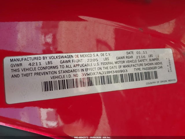 Продажа на аукционе авто 2011 Volkswagen Jetta 2.5l Se, vin: 3VWDX7AJ1BM348903, номер лота: 45042372