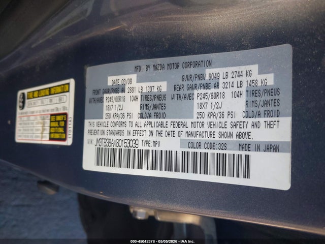 2008 Mazda Cx-9 Touring მანქანა იყიდება აუქციონზე, vin: JM3TB38AX80153039, აუქციონის ნომერი: 45042378
