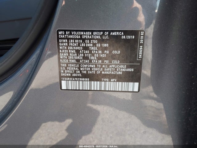 Продаж на аукціоні авто 2019 Volkswagen Atlas 3.6l V6 Se W/technology, vin: 1V2UR2CA7KC598093, номер лоту: 45042379