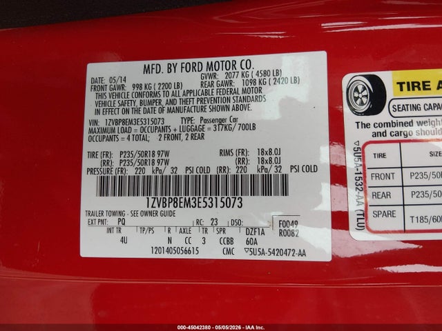 Aukcja sprzedaży 2014 Ford Mustang V6 Premium, vin: 1ZVBP8EM3E5315073, numer aukcji: 45042380