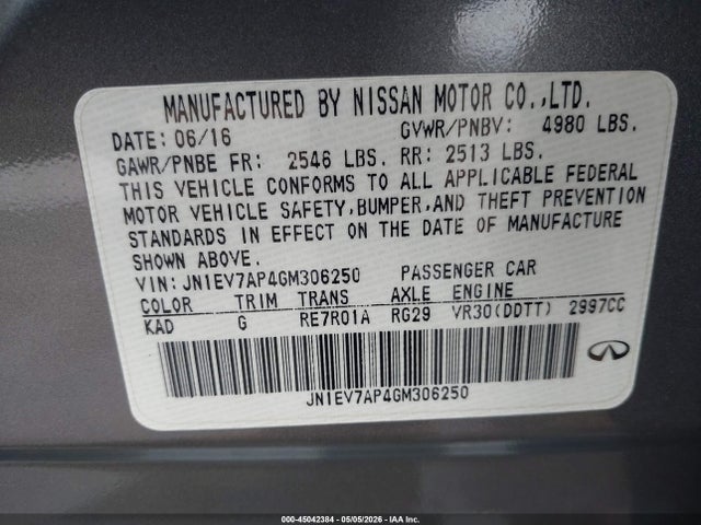 2016 Infiniti Q50 3.0t Premium მანქანა იყიდება აუქციონზე, vin: JN1EV7AP4GM306250, აუქციონის ნომერი: 45042384