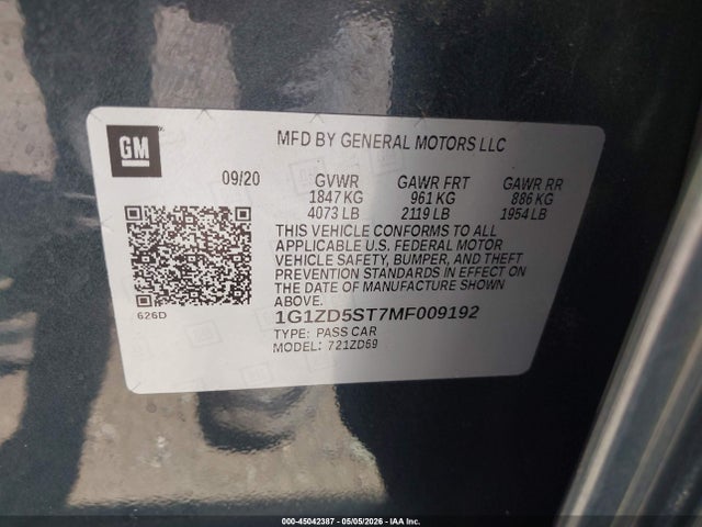 1G1ZD5ST7MF009192 Chevrolet Malibu Fwd Lt