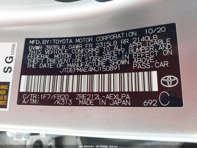 2021 Toyota Corolla Le მანქანა იყიდება აუქციონზე, vin: JTDEPMAE4MJ150891, აუქციონის ნომერი: 45042401