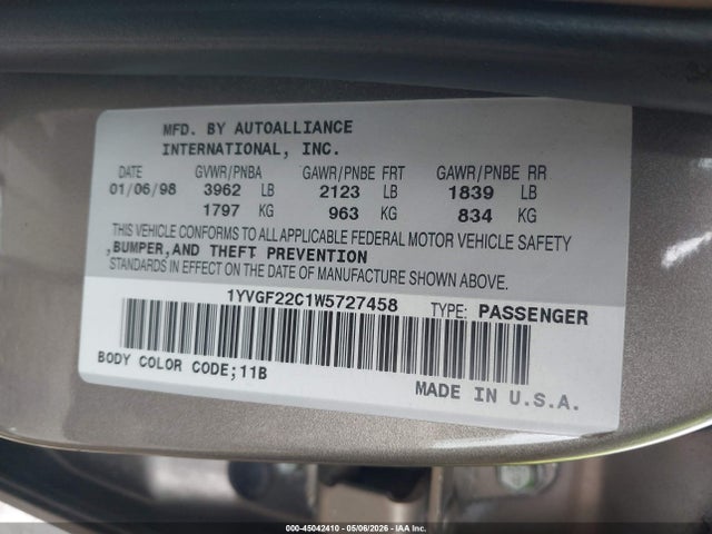 Aukcja sprzedaży 1998 Mazda 626 Dx/lx, vin: 1YVGF22C1W5727458, numer aukcji: 45042410