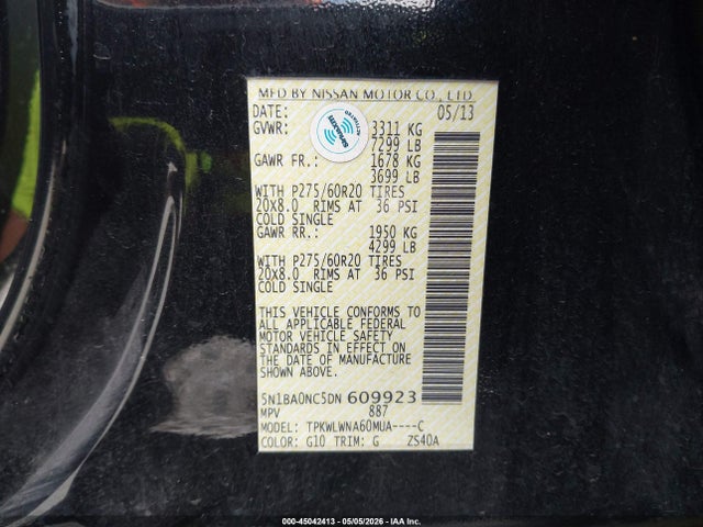 45042413 :رقم المزاد ، 5N1BA0NC5DN609923 vin ، 2013 Nissan Armada Platinum مزاد بيع