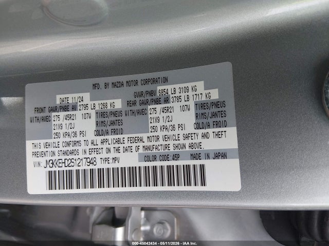 Продаж на аукціоні авто 2025 Mazda Cx-90 3.3 Turbo Premium Plus Package, vin: JM3KKEHD2S1217948, номер лоту: 45042434