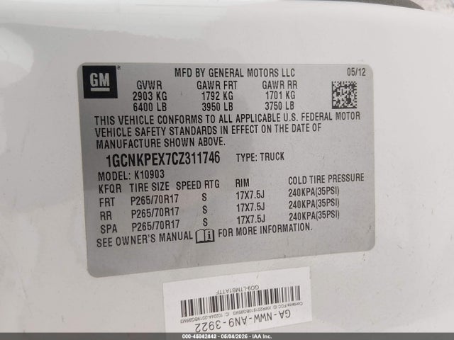 45042442 :رقم المزاد ، 1GCNKPEX7CZ311746 vin ، 2012 Chevrolet Silverado 1500 Work Truck مزاد بيع